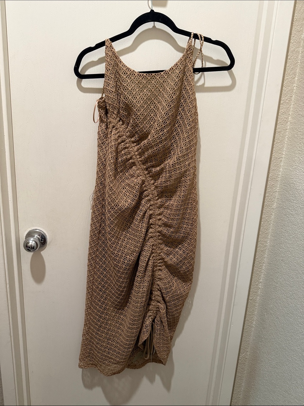 One-Shoulder Ruched Knit Dress in Tan